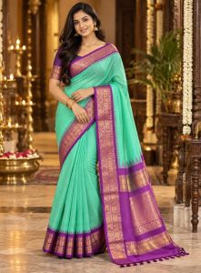 Aqua Purple Gold Border Silk Saree