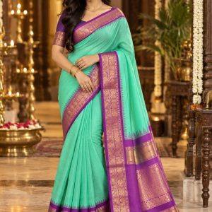 Aqua Purple Gold Border Silk Saree
