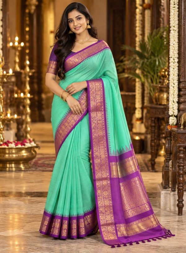 Aqua Purple Gold Border Silk Saree