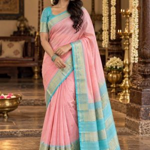 Blush Pink Aqua Border Silk Saree