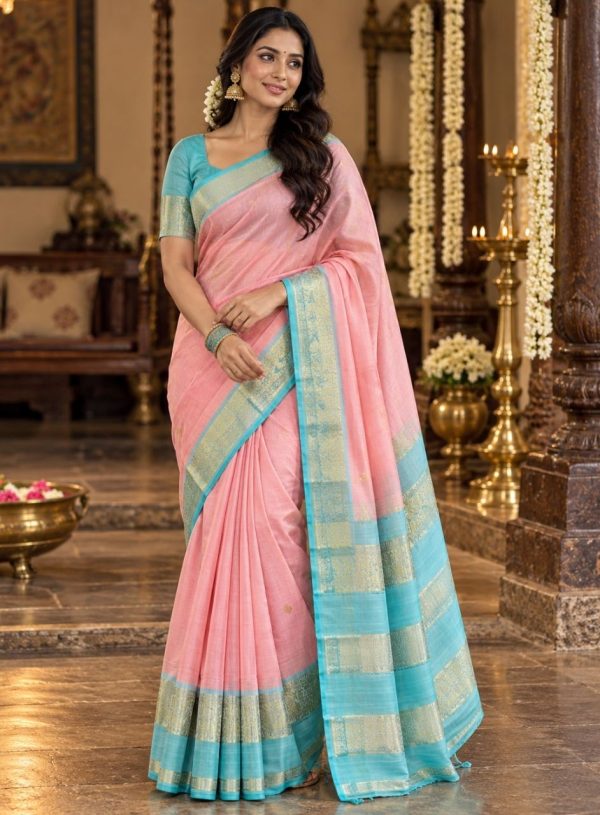 Blush Pink Aqua Border Silk Saree