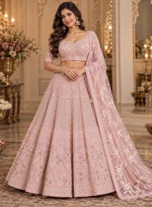 Blush Pink Lucknowi Chikankari & Sequence- work Designer Lehenga Choli Set( Fully stitched)
