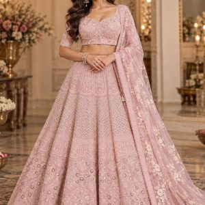Blush Pink Lucknowi Chikankari & Sequence- work Designer Lehenga Choli Set( Fully stitched)