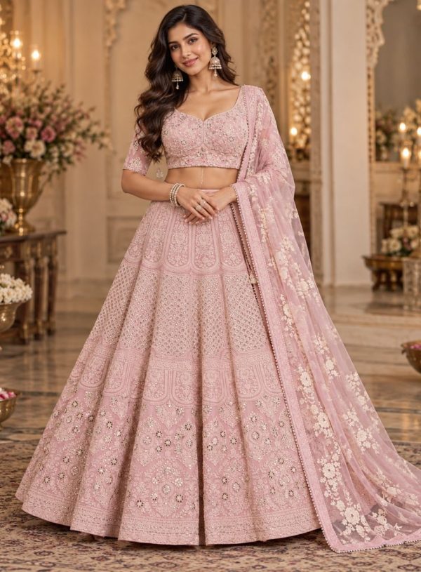 Blush Pink Lucknowi Chikankari & Sequence- work Designer Lehenga Choli Set( Fully stitched)