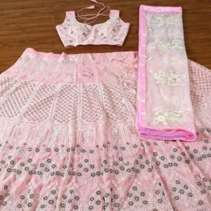Blush Pink Lucknowi Chikankari & Sequence- work Designer Lehenga Choli Set( Fully stitched)