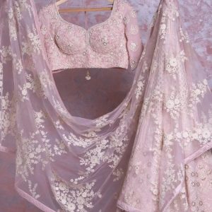 Blush Pink Lucknowi Chikankari & Sequence- work Designer Lehenga Choli Set( Fully stitched)