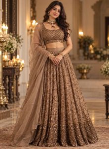 Brown Embroidered Net Lehenga Set