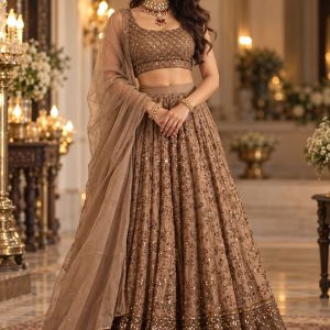 Brown Embroidered Net Lehenga Set