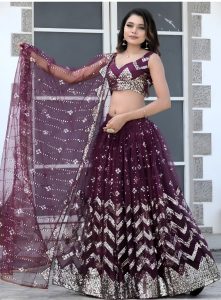 Burgundy Sequin Geometric Lehenga Set