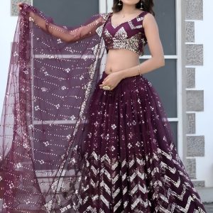 Burgundy Sequin Geometric Lehenga Set