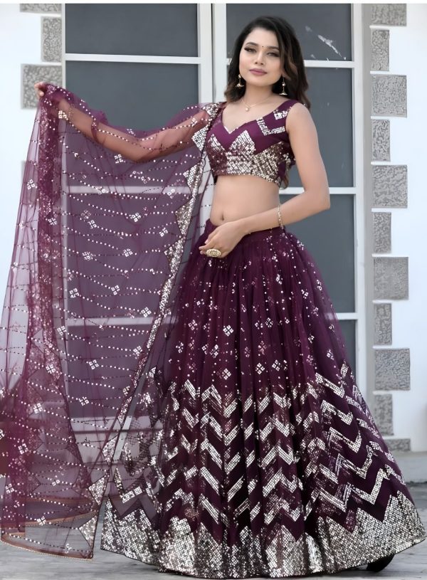 Burgundy Sequin Geometric Lehenga Set
