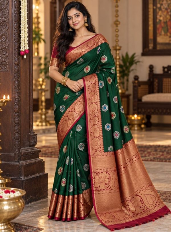 Emerald green silk saree