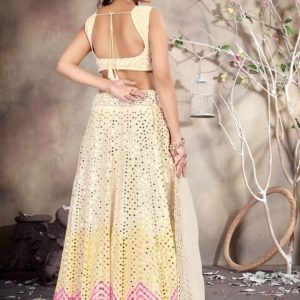 Ivory & Pastel Pink Chevron Mirror-Work Designer Lehenga Choli Set