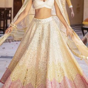 Ivory & Pastel Pink Chevron Mirror-Work Designer Lehenga Choli Set