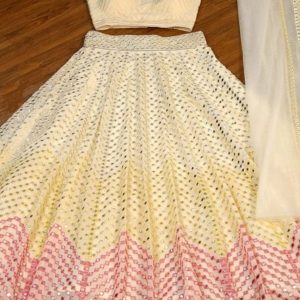 Ivory & Pastel Pink Chevron Mirror-Work Designer Lehenga Choli Set