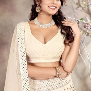 Ivory & Pastel Pink Chevron Mirror-Work Designer Lehenga Choli Set