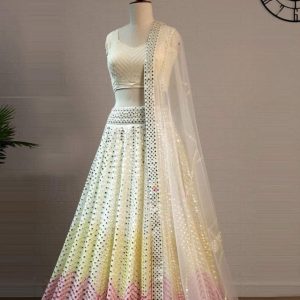 Ivory & Pastel Pink Chevron Mirror-Work Designer Lehenga Choli Set