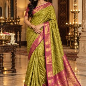Mehendi Green & Magenta Gold Zari Chevron Kanjivaram Silk Saree