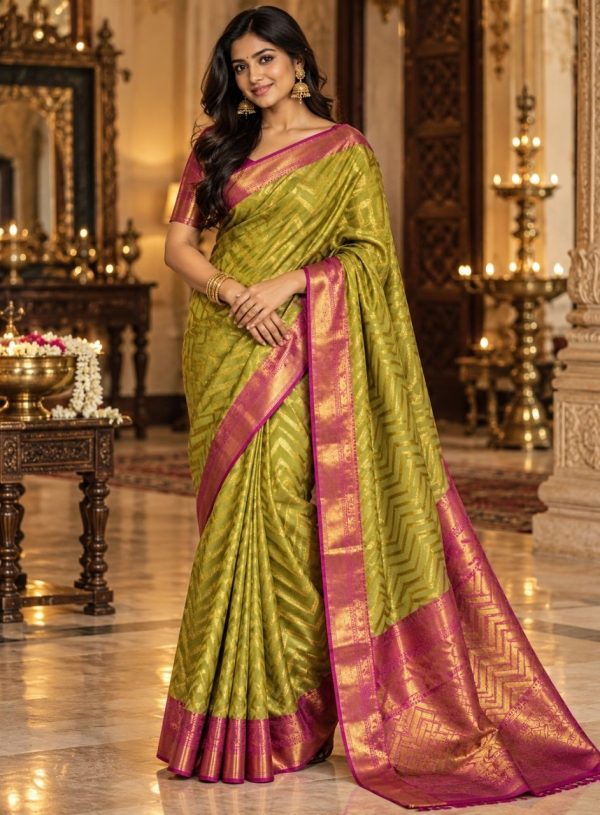 Mehendi Green & Magenta Gold Zari Chevron Kanjivaram Silk Saree