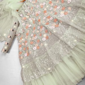 Mint Floral Ruffle Lehenga Set
