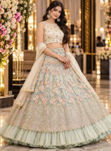 Mint Floral Ruffle Lehenga Set
