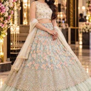 Mint Floral Ruffle Lehenga Set