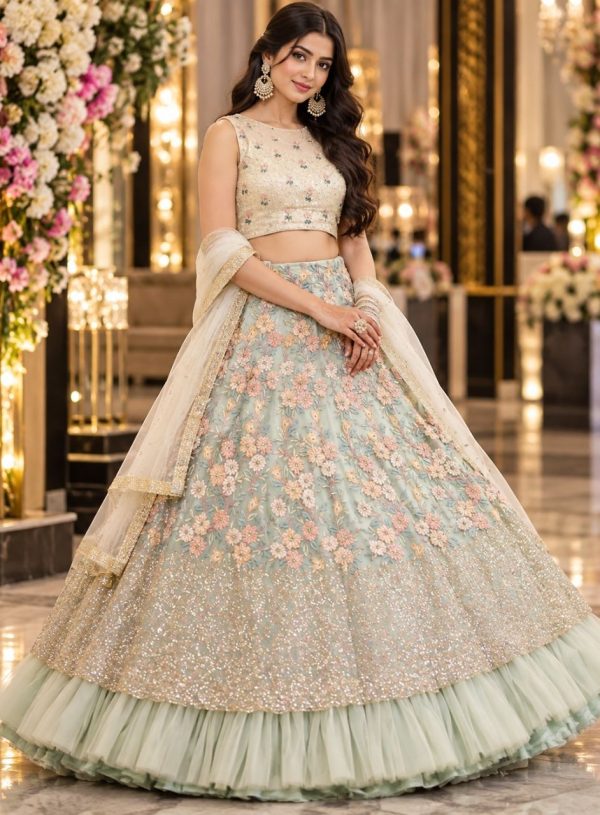 Mint Floral Ruffle Lehenga Set