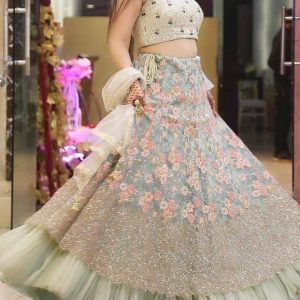 Mint Floral Ruffle Lehenga Set