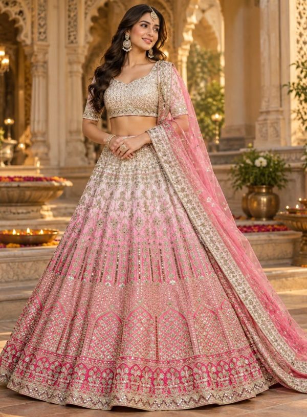 Ombre Pink & Ivory Heavy Gotapatti Designer Lehenga Choli Set