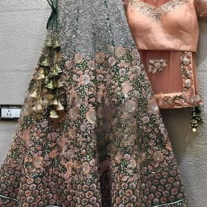 Pastel Peach & Sage Green Embroidered Designer Lehenga Choli Set