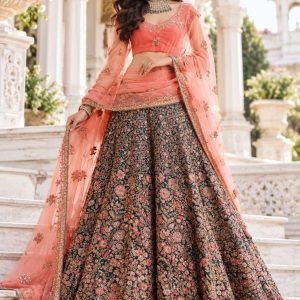 Pastel Peach & Sage Green Embroidered Designer Lehenga Choli Set