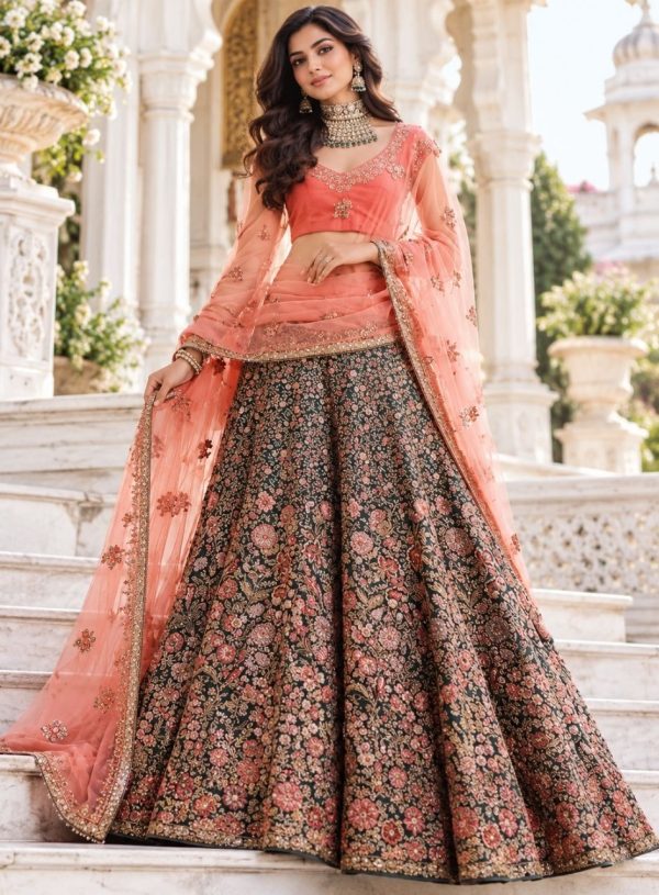 Pastel Peach & Sage Green Embroidered Designer Lehenga Choli Set
