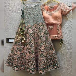 Pastel Peach & Sage Green Embroidered Designer Lehenga Choli Set