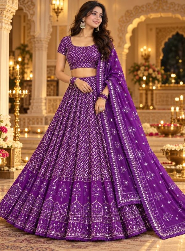 Purple Mirror Work Lehenga Set