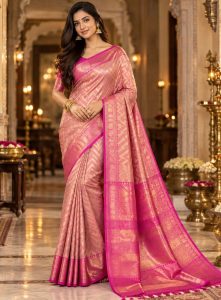 Rose Pink & Magenta Gold Zari Chevron Kanjivaram Silk Saree