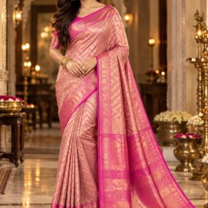 Rose Pink & Magenta Gold Zari Chevron Kanjivaram Silk Saree