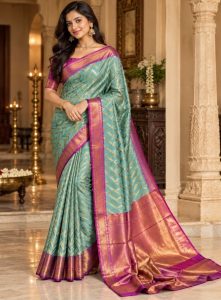 Sea Green & Magenta Gold Zari Chevron Kanjivaram Silk Saree