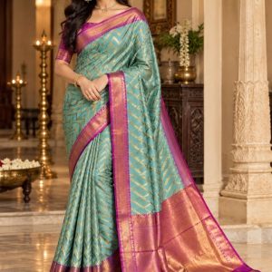Sea Green & Magenta Gold Zari Chevron Kanjivaram Silk Saree