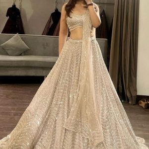 Shimmering Ivory & Gold Sequin Geometric Designer Lehenga Choli Set