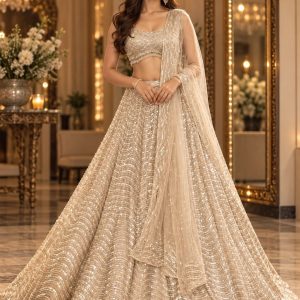 Shimmering Ivory & Gold Sequin Geometric Designer Lehenga Choli Set