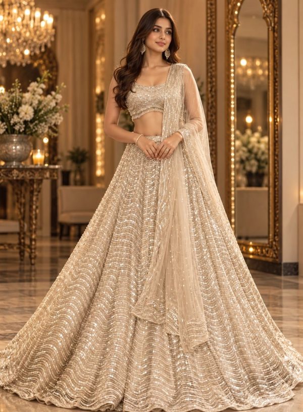 Shimmering Ivory & Gold Sequin Geometric Designer Lehenga Choli Set