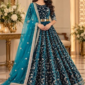 Turquoise Green Heavy Velvet Cording Embroidery Designer Lehenga Choli Set