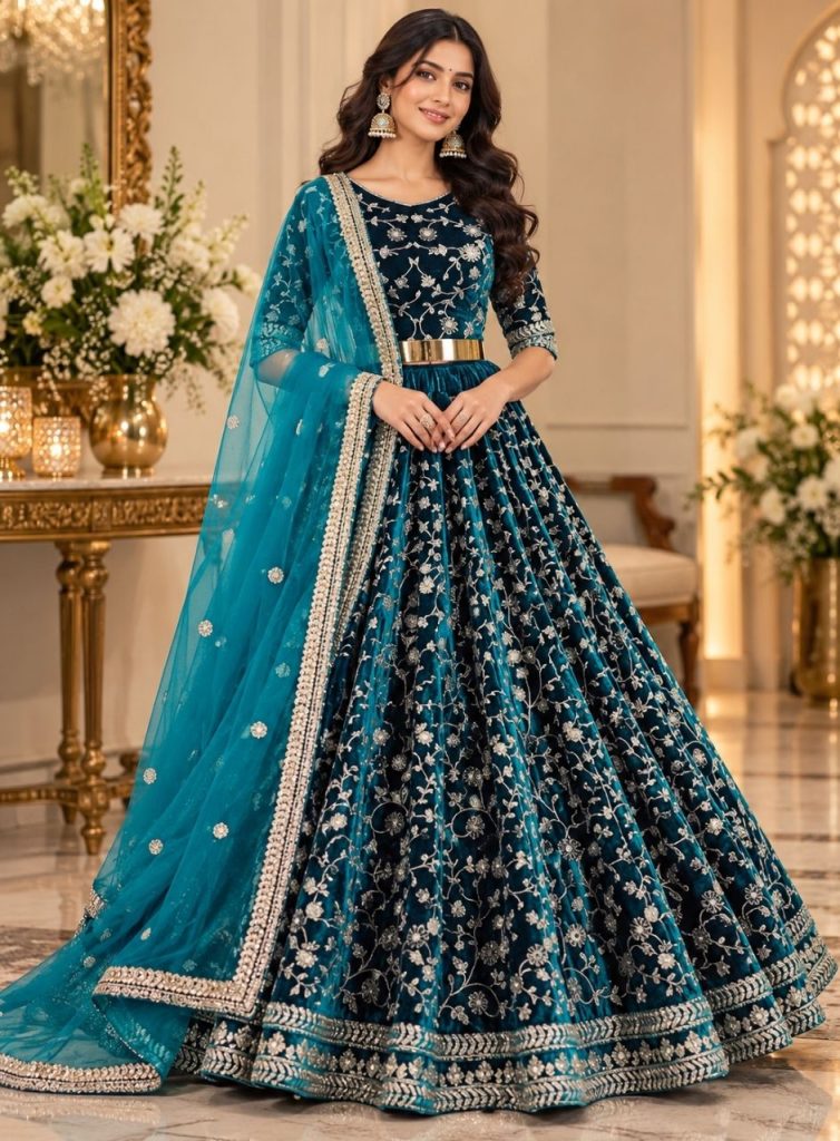 Turquoise Green Heavy Velvet Cording Embroidery Designer Lehenga Choli Set