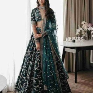 Turquoise Green Heavy Velvet Cording Embroidery Designer Lehenga Choli Set