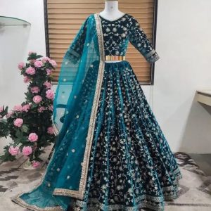 Turquoise Green Heavy Velvet Cording Embroidery Designer Lehenga Choli Set
