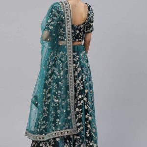Turquoise Green Heavy Velvet Cording Embroidery Designer Lehenga Choli Set