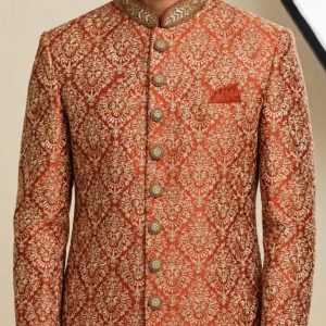 Rust Orange Gold Embroidered Men's Sherwani