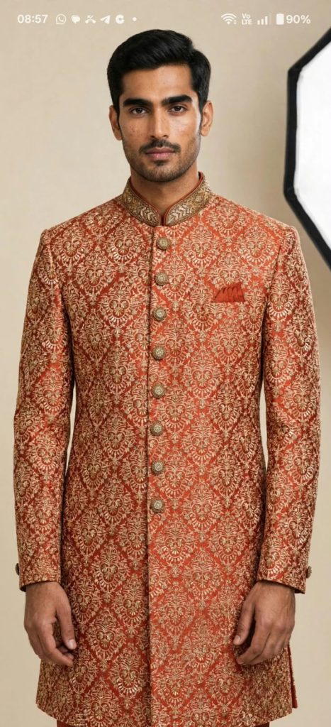 Rust Orange Gold Embroidered Men's Sherwani