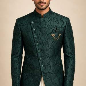 Dark Emerald Green Embroidered Indo-Western Men's Jacket