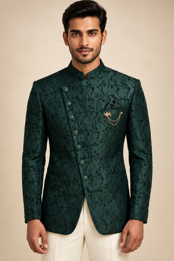 Dark Emerald Green Embroidered Indo-Western Men's Jacket